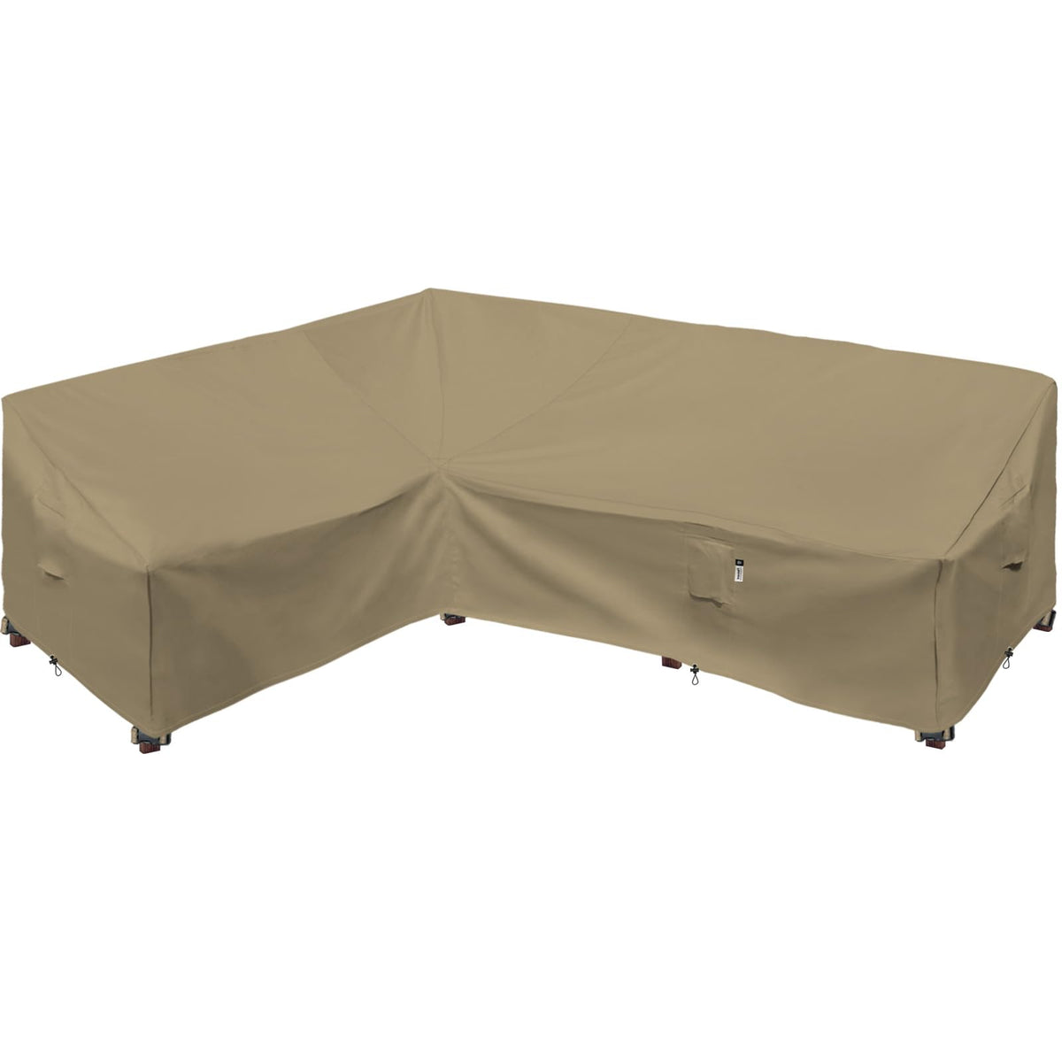 Flexiyard heavy-duty outdoor sectional cover protecting an 83x104 left-facing sofa from rain and dust