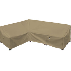 Flexiyard heavy-duty outdoor sectional cover protecting an 83x104 left-facing sofa from rain and dust