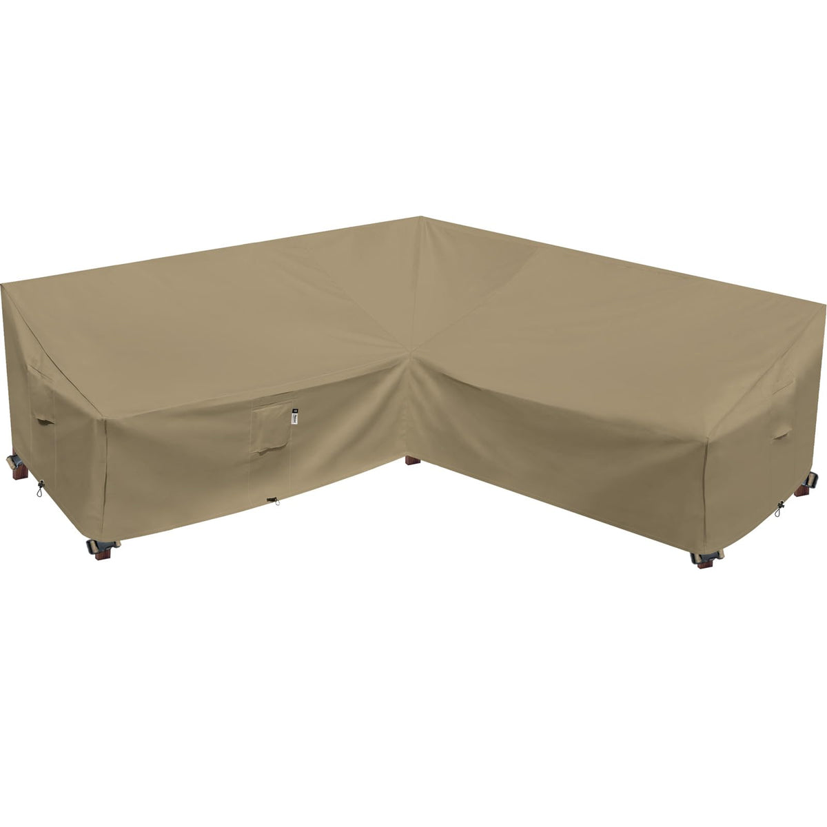 Flexiyard heavy-duty outdoor sectional cover on a 100x100 V-shaped sofa protecting from rain and dust