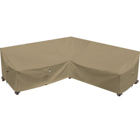 Flexiyard heavy-duty outdoor sectional cover on a 100x100 V-shaped sofa protecting from rain and dust