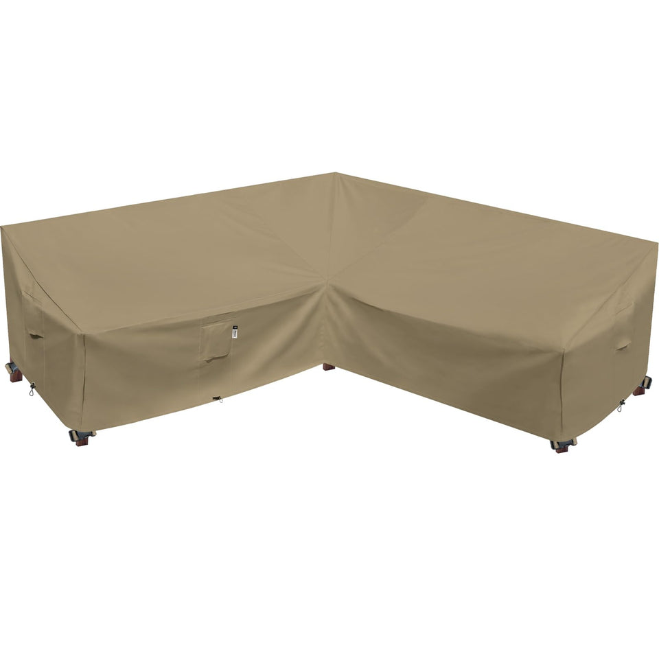 Flexiyard heavy-duty outdoor sectional cover on a 100x100 V-shaped sofa protecting from rain and dust