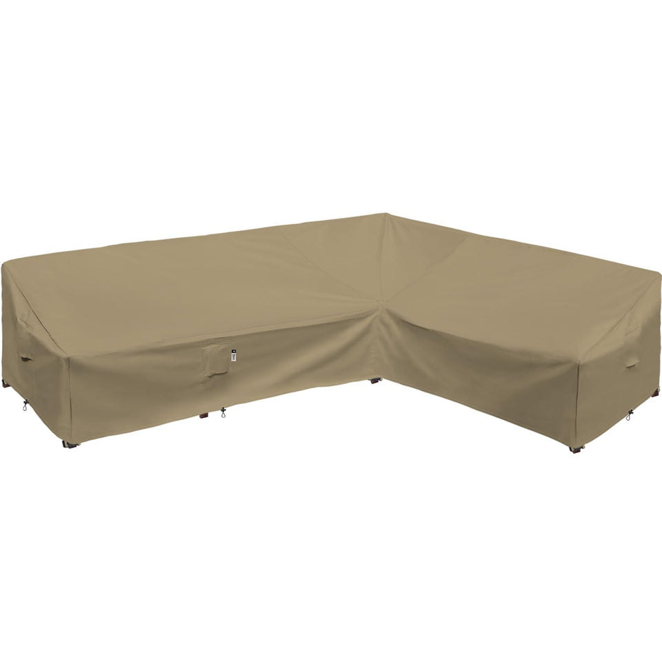 Flexiyard L-shaped right-facing sofa cover on a patio protects against rain and sun.