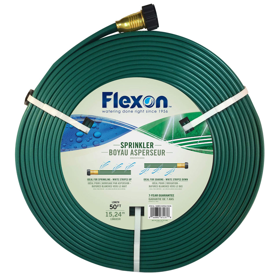 Flexon FS50 3-tube sprinkler hose shows wide spray pattern for lawns.
