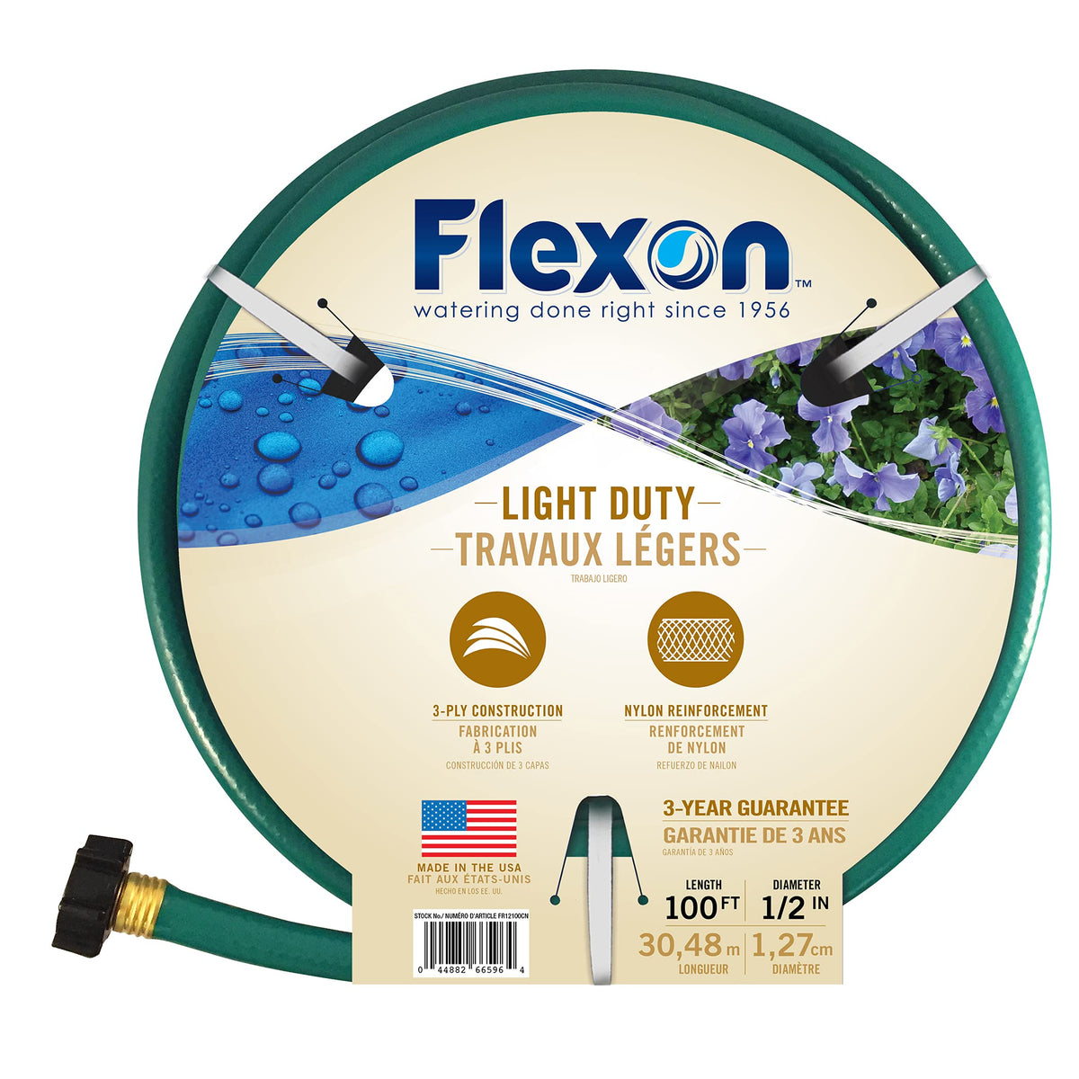 Flexon half-inch 100ft hose rolled for easy storage and maneuverability.