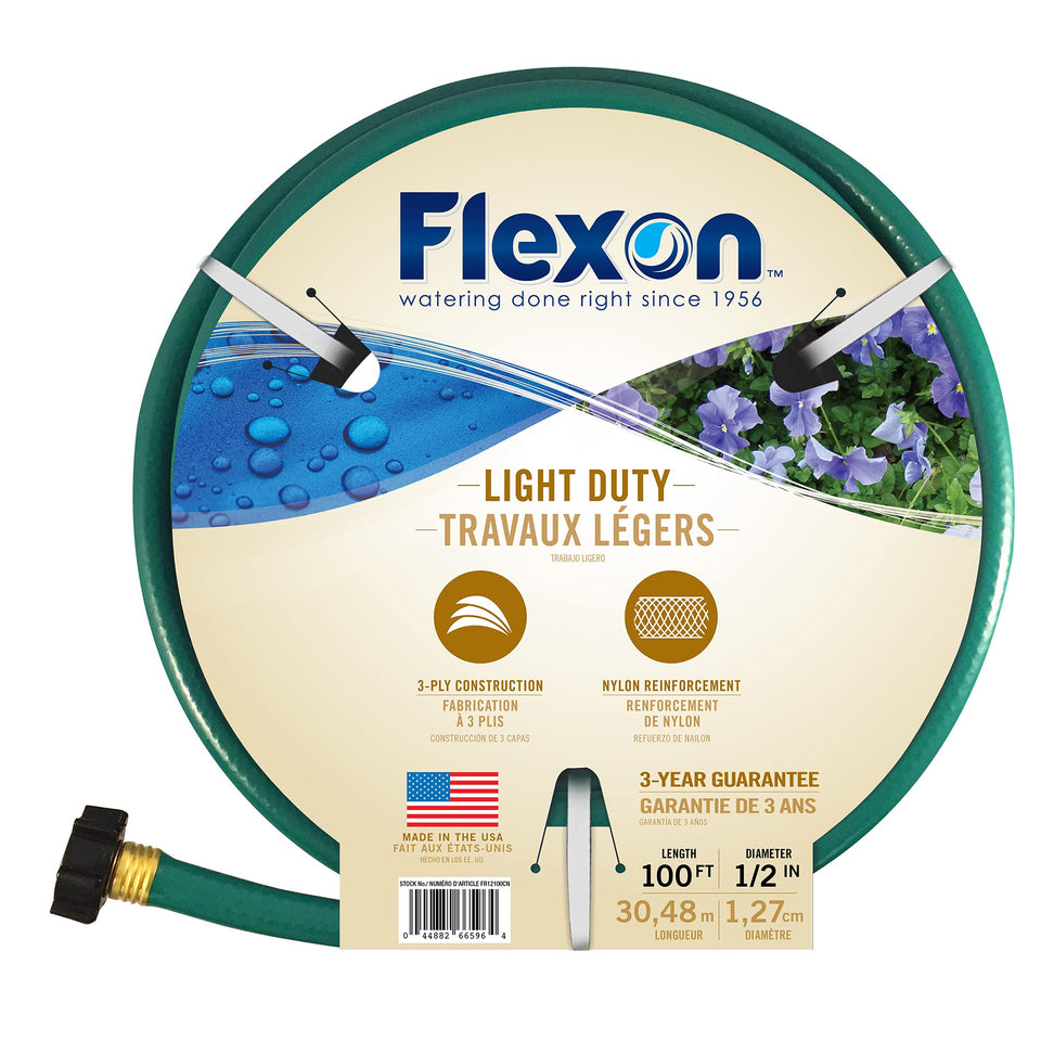 Flexon half-inch 100ft hose rolled for easy storage and maneuverability.