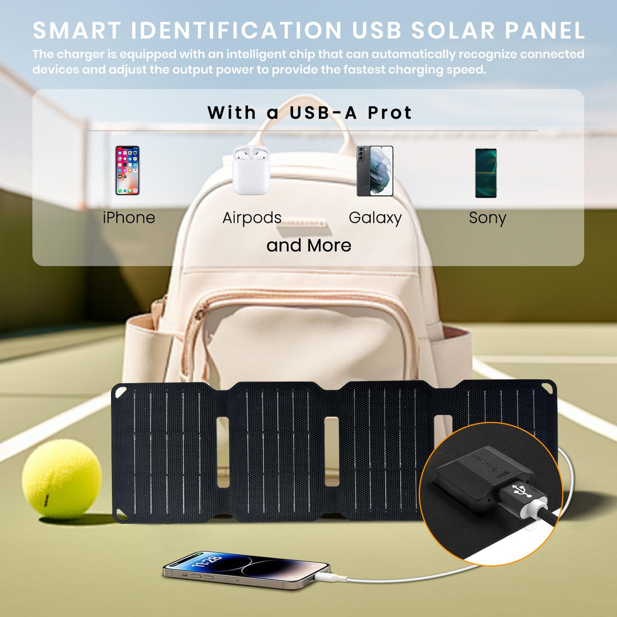 FlexSolar compact 4-fold design shown beside a smartphone