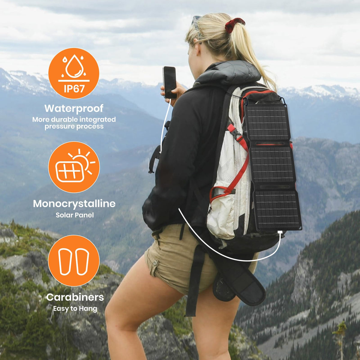Charging a phone with FlexSolar 15W panel during hiking