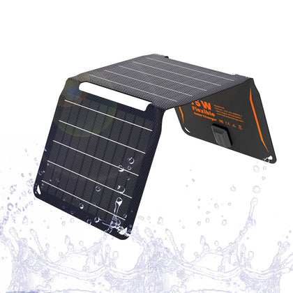 FlexSolar 15W foldable solar panel charging a phone in sunlight