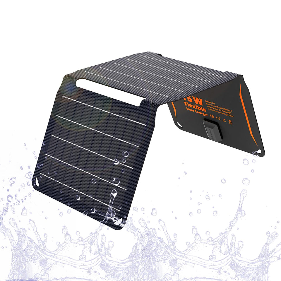 FlexSolar 15W foldable solar panel charging a phone in sunlight