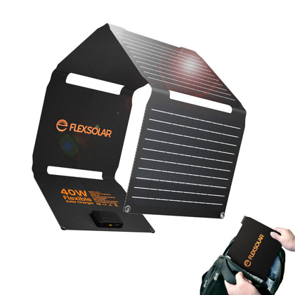 FlexSolar 40W foldable panel, ultra-portable for backpacking and off-grid charging.
