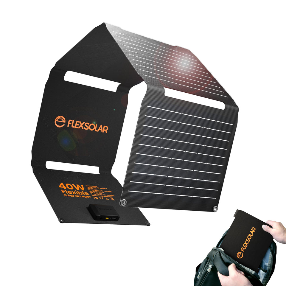 FlexSolar 40W foldable panel, ultra-portable for backpacking and off-grid charging.
