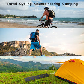 FlexSolar 40W multi-output charging powers phones, GPS, and cameras.