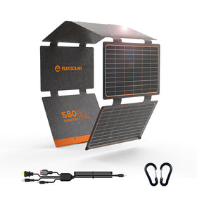 FlexSolar 60W Foldable Panel folded in a backpack for off grid charging.