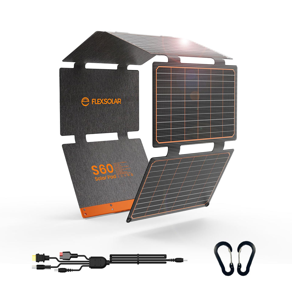 FlexSolar 60W Foldable Panel folded in a backpack for off grid charging.