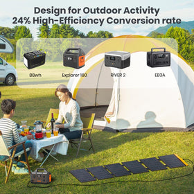 FlexSolar 60W Foldable Panel set up on camp table for fast device charging.