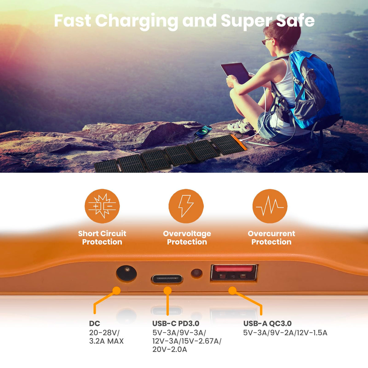 FlexSolar 60W Foldable Panel USB C PD charging a smartphone example.