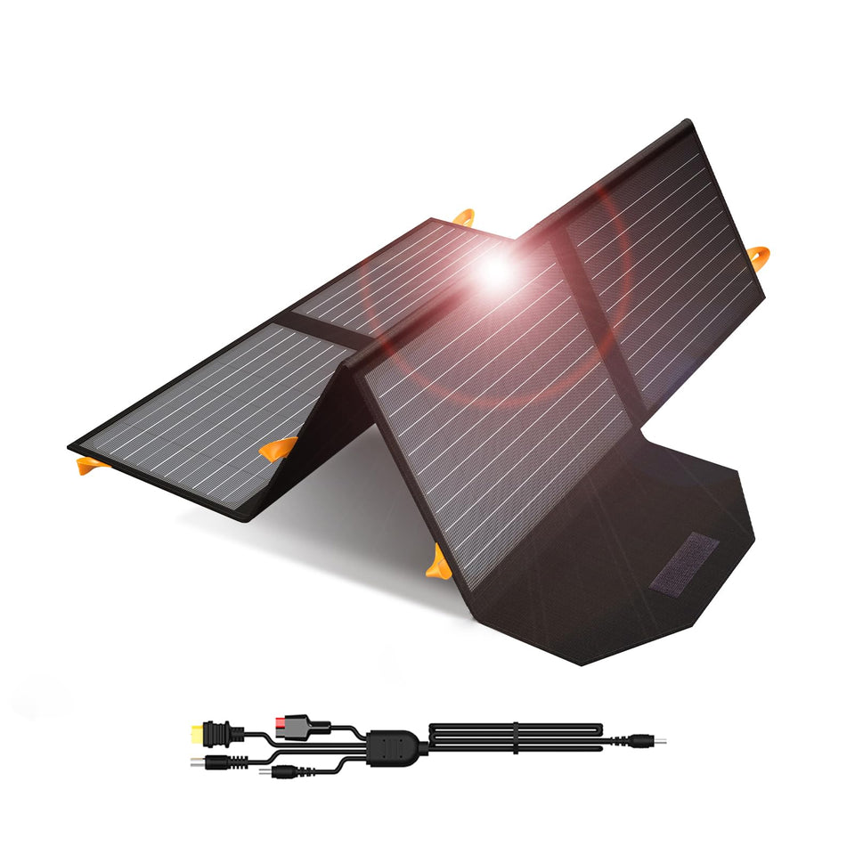 FlexSolar 60W foldable solar panel ready for outdoor charging on camping trips