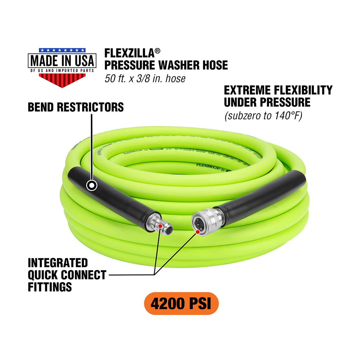 Flexzilla HFZPW426050Q-E hose under pressure resists kinking for smooth operation.