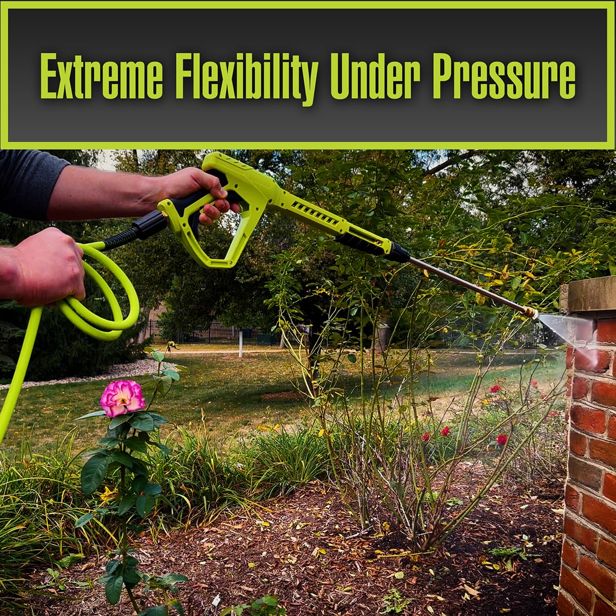 Flexzilla M22 fitting detail demonstrates secure connection for consistent spray.