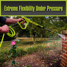 Flexzilla M22 fitting detail demonstrates secure connection for consistent spray.