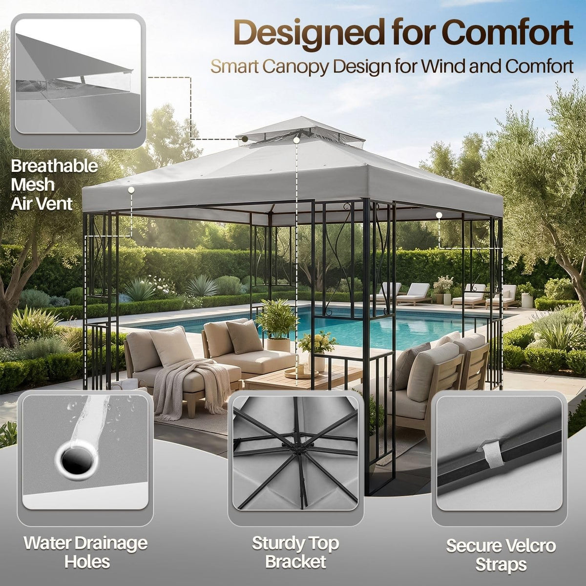 Flexzion Gazebo Cover shown in backyard patio setup for gatherings.