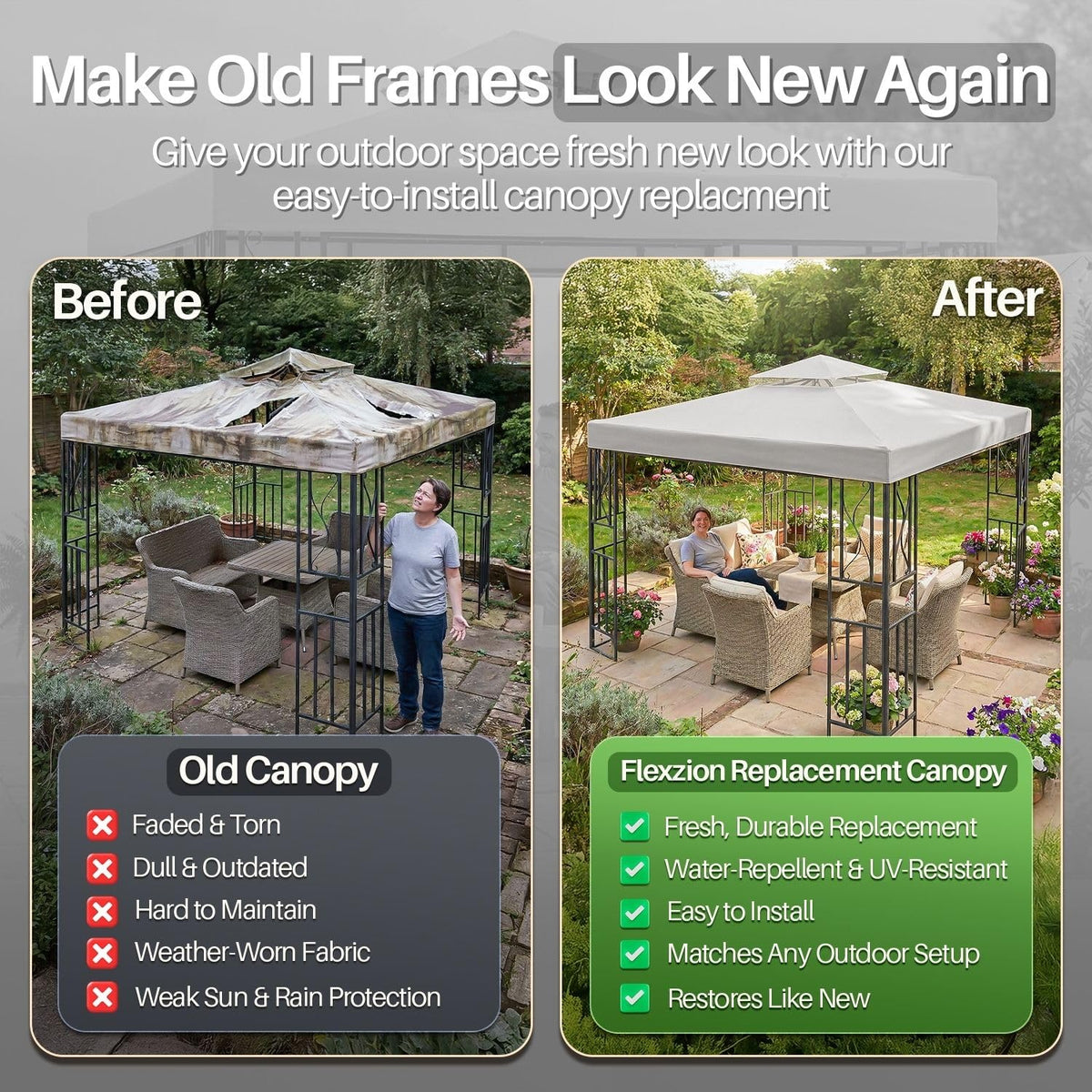 Flexzion Gazebo Cover with reinforced corners and straps for easy installation.