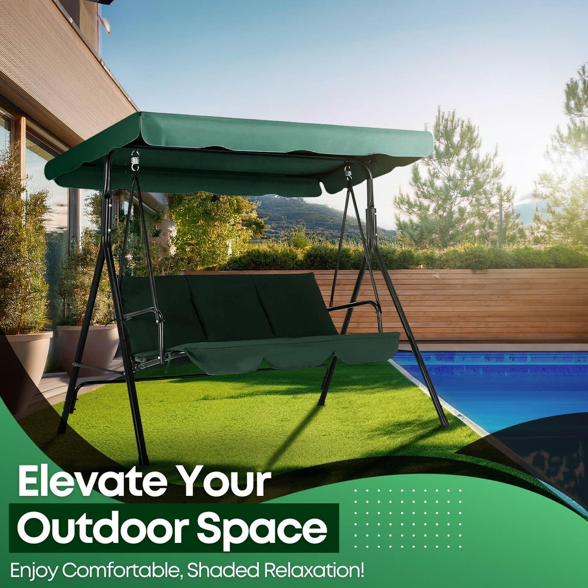 Flexzion green canopy provides UV protection for patio lounging.