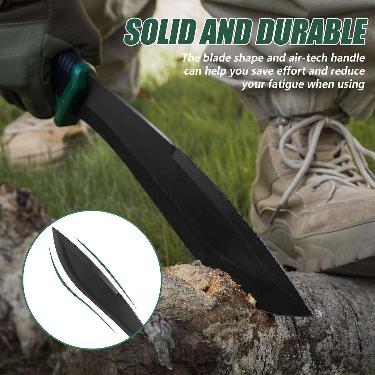 Wide blade body and pointed tip on FLISSA machete for digging and clearing