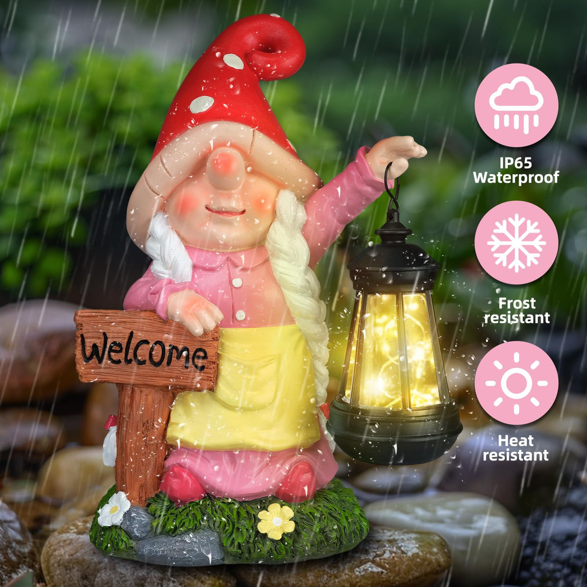 FLJZCZM weatherproof resin gnome withstands rain and snow.