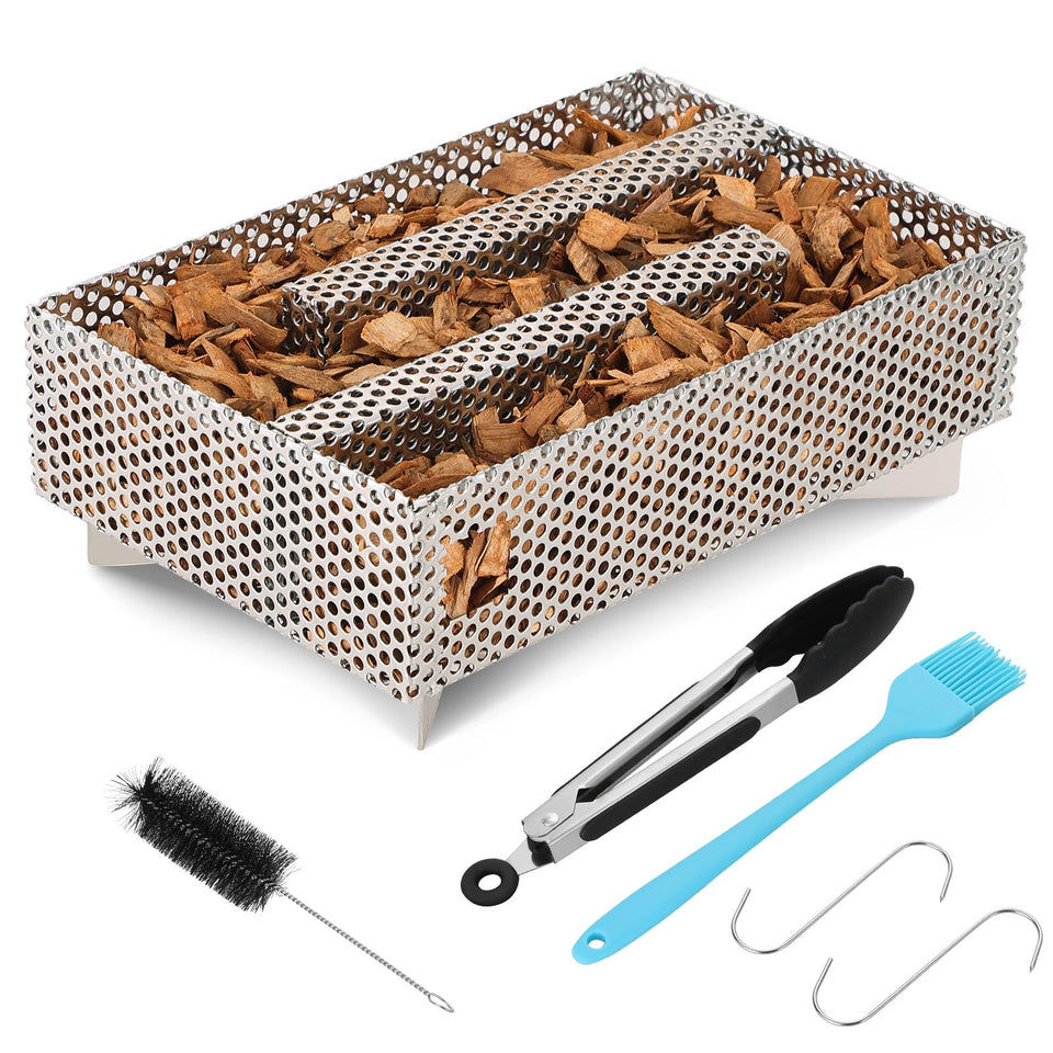 FLKQC pellet smoker tray top view shows compact five-by-eight size for versatile grills.