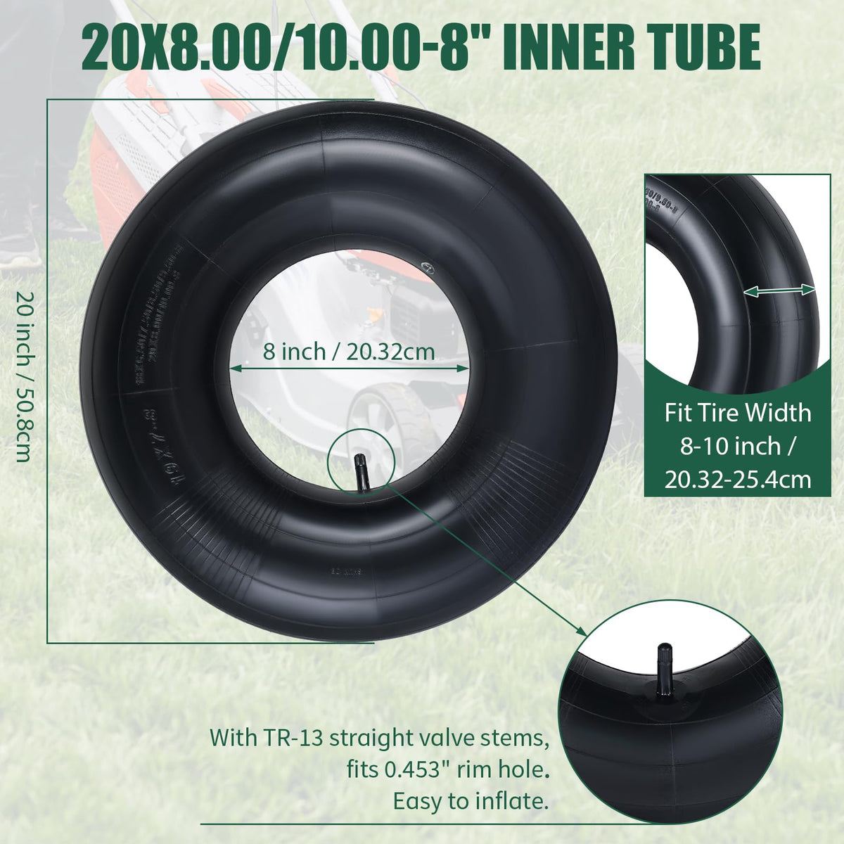 FLKQC universal-fit inner tube for 8-10 inch tires on yard equipment.