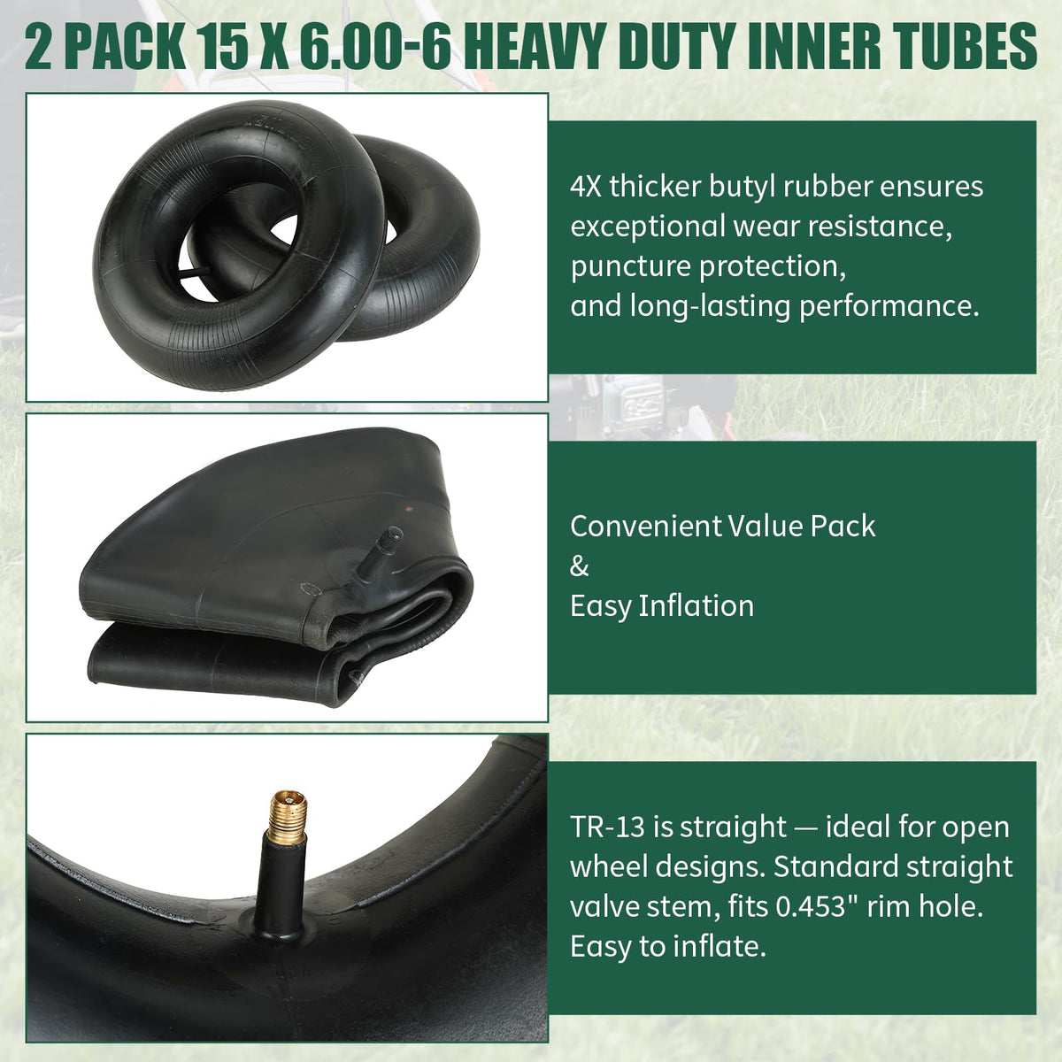 FLKQC inner tubes fit lawn mowers, wheelbarrows, and ATVs for versatile use