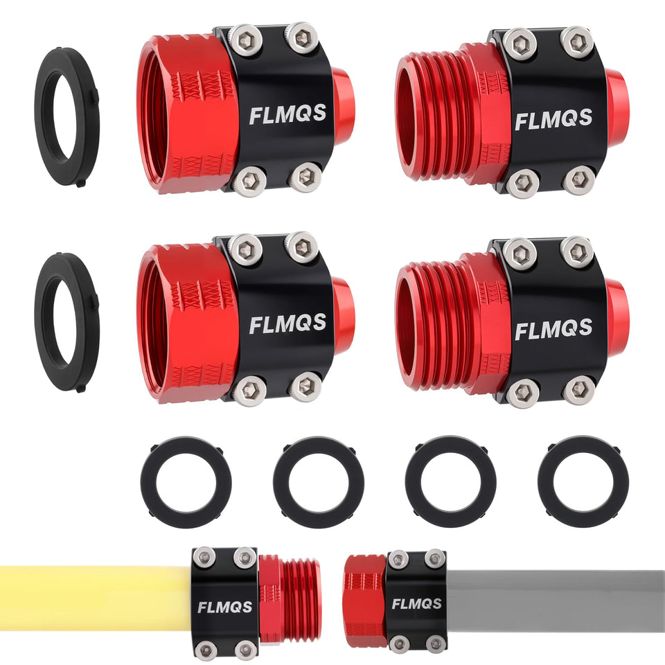 FLMQS Garden Hose Repair Kit package contents showing connectors, washers, and screws for leak-free repairs