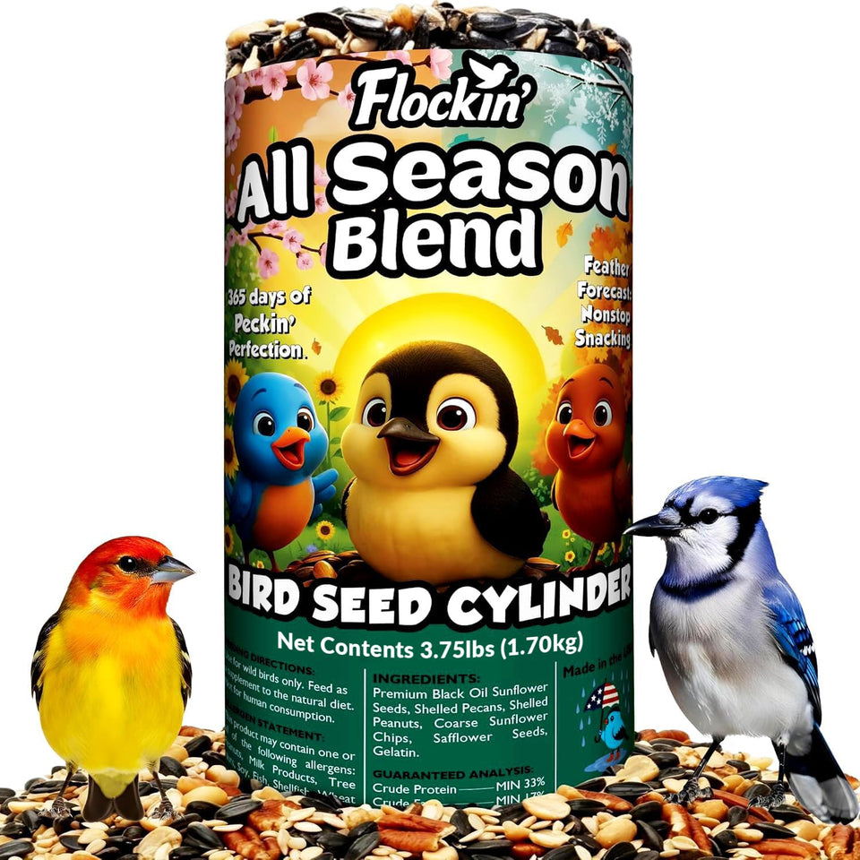 Flockin' All Year Round seed cylinder with hole, front view for steady backyard feeding