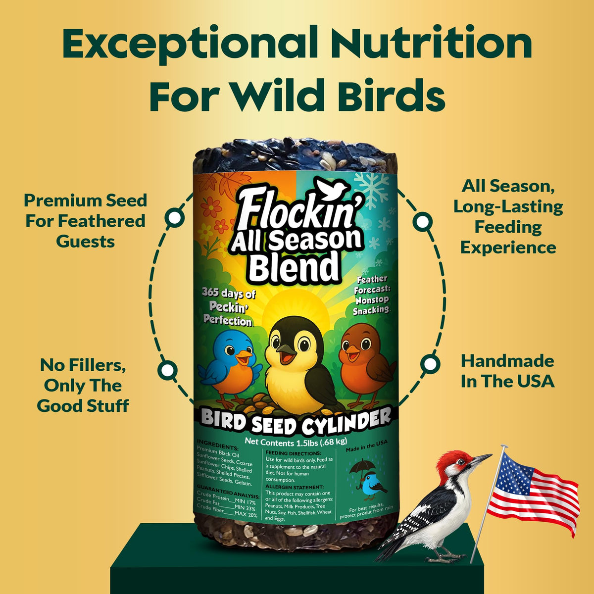 Close-up of Flockin' blend ingredients: seeds, nuts, and chips