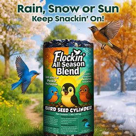 Bird-friendly backyard scene with cylinder resting on a feeder