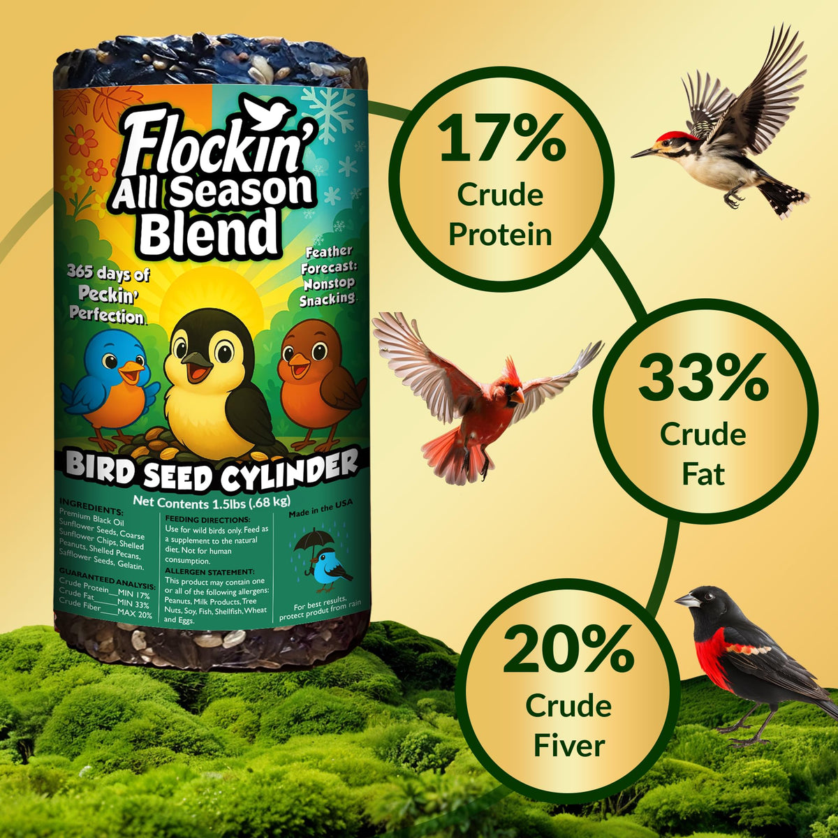 Cardinals and blue jays feeding near a Flockin' cylinder in the yard
