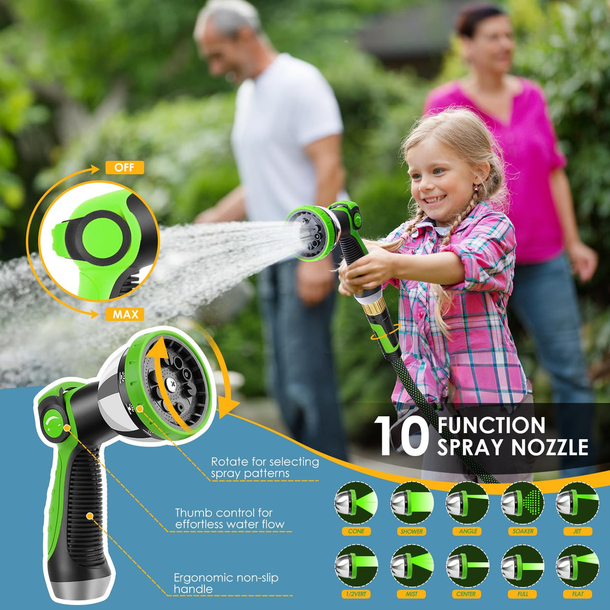 FLOERXIS lightweight, flexible hose eases movement around the yard.