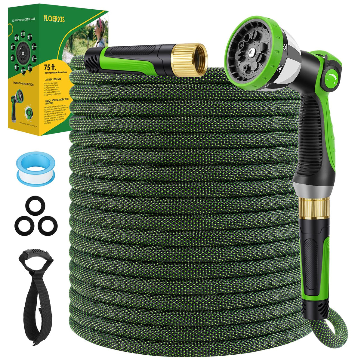 FLOERXIS non-expandable garden hose 75ft with improved durability and maneuverability.