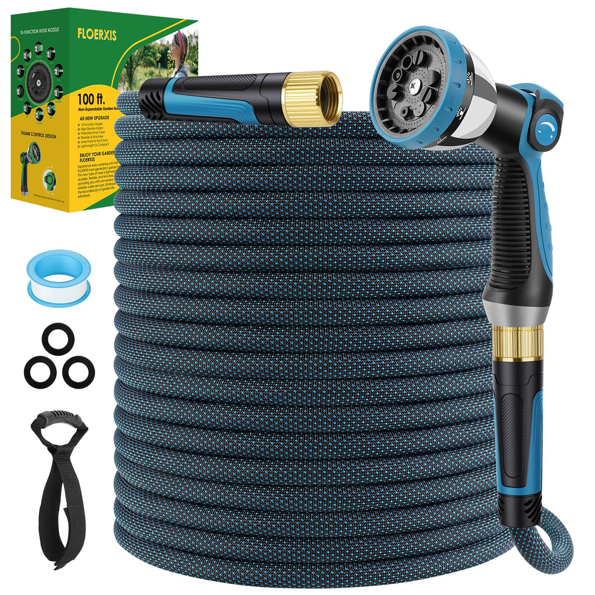 FLOERXIS non-expandable hose 100ft shown for durable, steady watering.