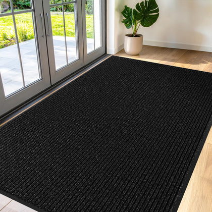 FloorGuard commercial door mat front view, large black entry rug that traps dirt