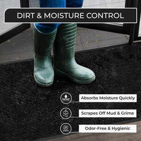 FloorGuard door mat in busy lobby; high-traffic design stands up to daily wear
