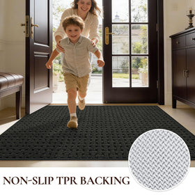FLOORHUG absorbent polyester mat highlights quick moisture absorption and dirt scraping.