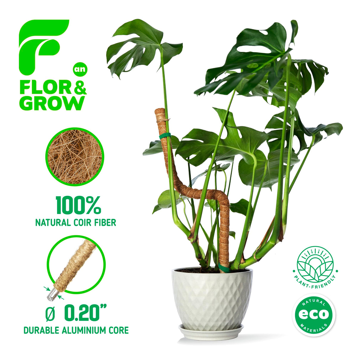 Flor&AN Grow aluminum-core moss pole close-up shows sturdy construction.