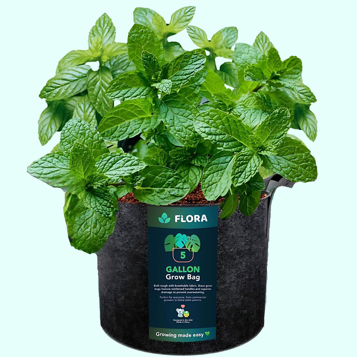 Flora 5-gallon grow bag side view shows sturdy fabric and breathability for healthier roots.