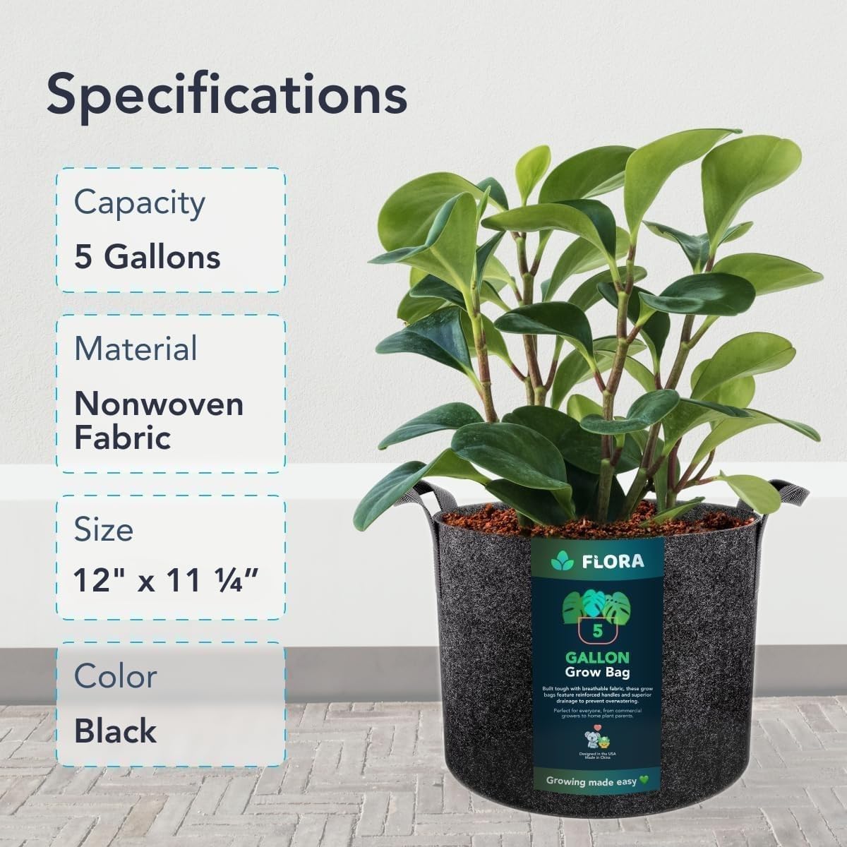 Flora 5-gallon grow bag handles close-up emphasizes reinforced serger-stitched grips.