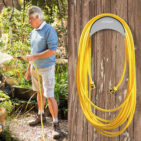 Sturdy iron hose rack with protective coating supports heavy hoses with confidence.