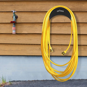 FLORA GUARD outdoor hose storage on wall keeps yard tidy and accessible.