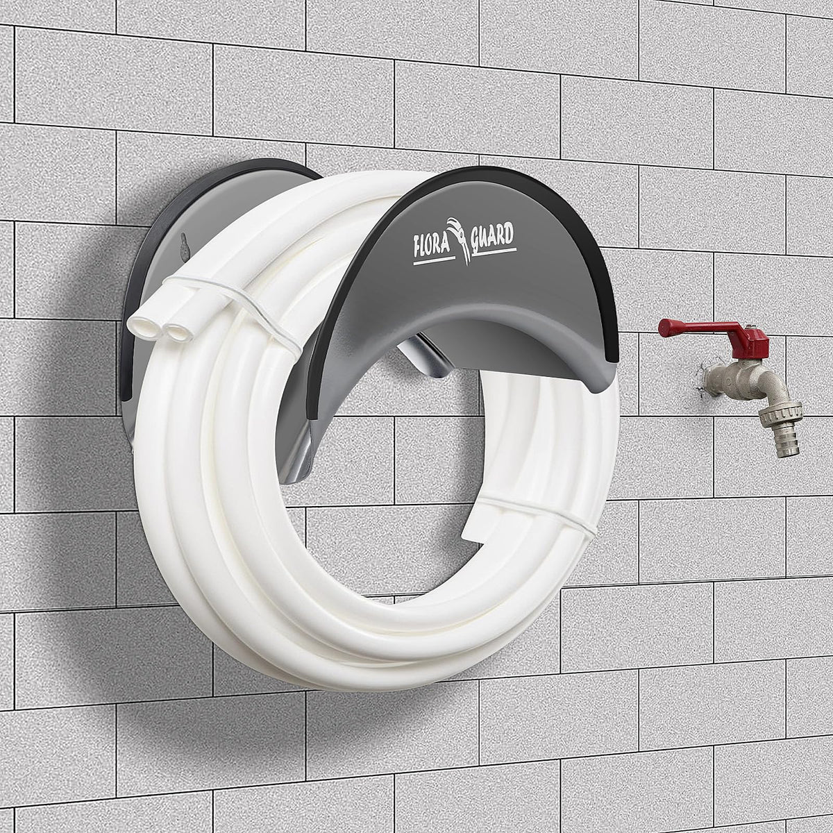 Wall-mounted hose rack saves floor space while keeping hoses ready to use.