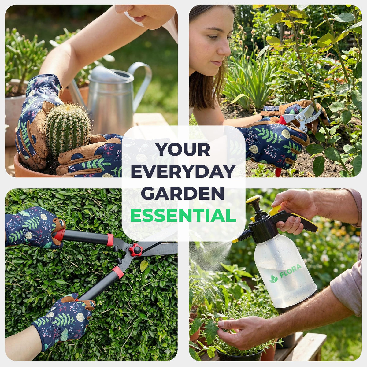 Flora potting-care focus suits indoor and outdoor tasks.